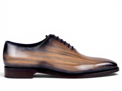 Peter Hunt wholecut dress shoes in taupe wood patina hand finished leather with elegant elongated silhouette