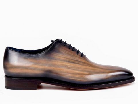 Peter Hunt wholecut dress shoes in taupe wood patina hand finished leather with elegant elongated silhouette