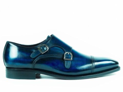 Luxury navy double monk strap shoes with hand painted museum patina by Peter Hunt