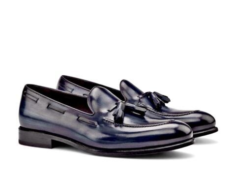 Tassel loafers Seurat Navy hand painted patina Goodyear welted leather shoes