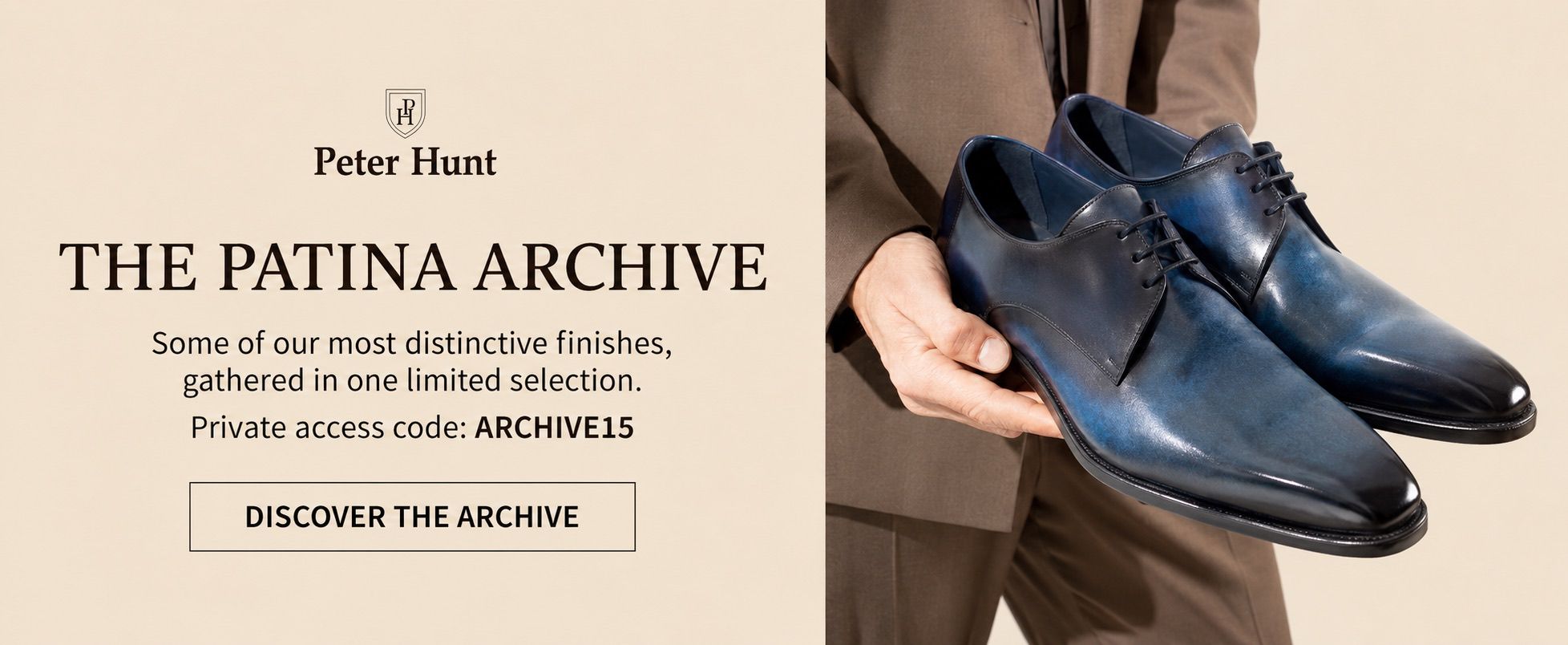 Peter Hunt The Patina Archive collection featuring handcrafted blue patina derby shoes with exclusive archive access.